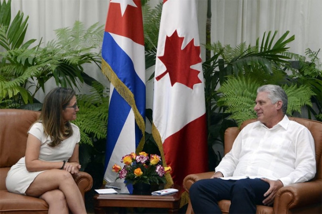 Díaz-Canel agradeció el tradicional apoyo de Canadá a la resolución contra el bloqueo, que se aprueba cada año en la Asamblea General de la ONU, y la posición asumida por el Gobierno de ese país frente a la aplicación de la Ley Helms-Burton.