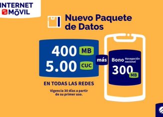 a partir del 4 de diciembre se comercializarán un nuevo paquete de datos para navegar en todas las redes. La oferta establece que por 5.00 CUC podrán disfrutarse 400MB + 300MB de Bono navegación nacional con 30 días de vigencia a partir de su primer uso.