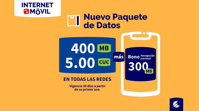 a partir del 4 de diciembre se comercializarán un nuevo paquete de datos para navegar en todas las redes. La oferta establece que por 5.00 CUC podrán disfrutarse 400MB + 300MB de Bono navegación nacional con 30 días de vigencia a partir de su primer uso.