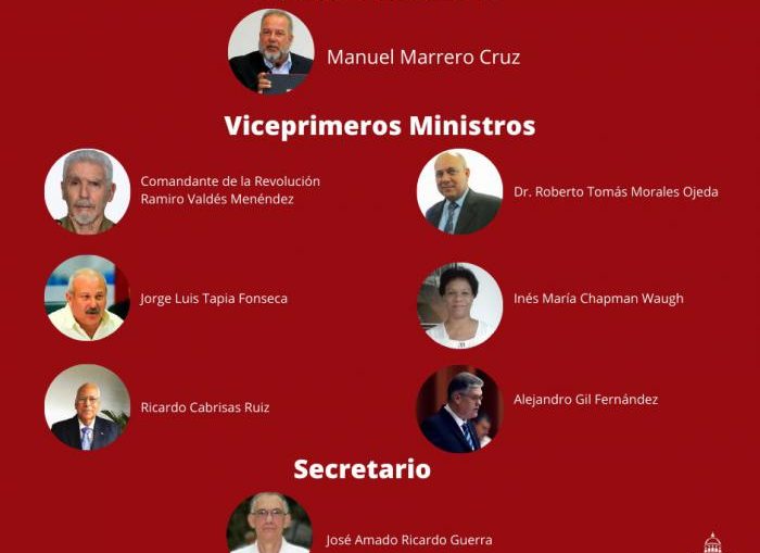 Los vicepremier son: el Comandante de la Revolución, Ramiro Valdés Menéndez, Roberto Morales Ojeda., Inés María Chapman, Jorge Luis Tapia Fonseca, Alejandro Gil Fernández, Ricardo Cabrisas Ruiz, el Secretario: José Amado Cabrera Guerra.