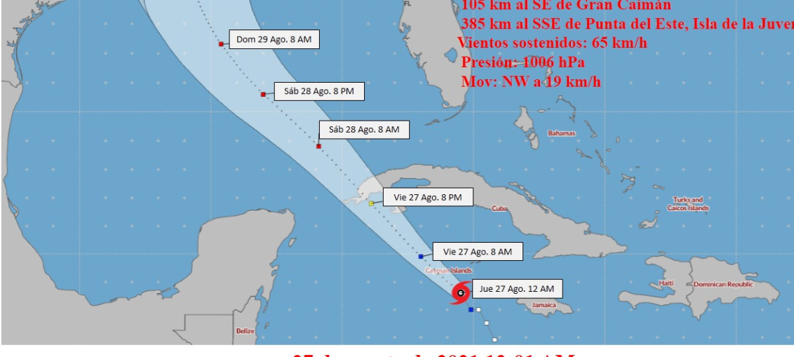 Los datos de la estación meteorológica en Gran Caimán indican que su presión ha descendido hasta 1001 hectoPascal, por lo que sus vientos sostenidos se estiman en 75 kilómetros por hora, con rachas superiores.