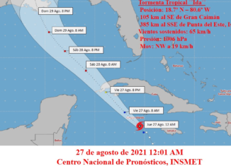 Los datos de la estación meteorológica en Gran Caimán indican que su presión ha descendido hasta 1001 hectoPascal, por lo que sus vientos sostenidos se estiman en 75 kilómetros por hora, con rachas superiores.